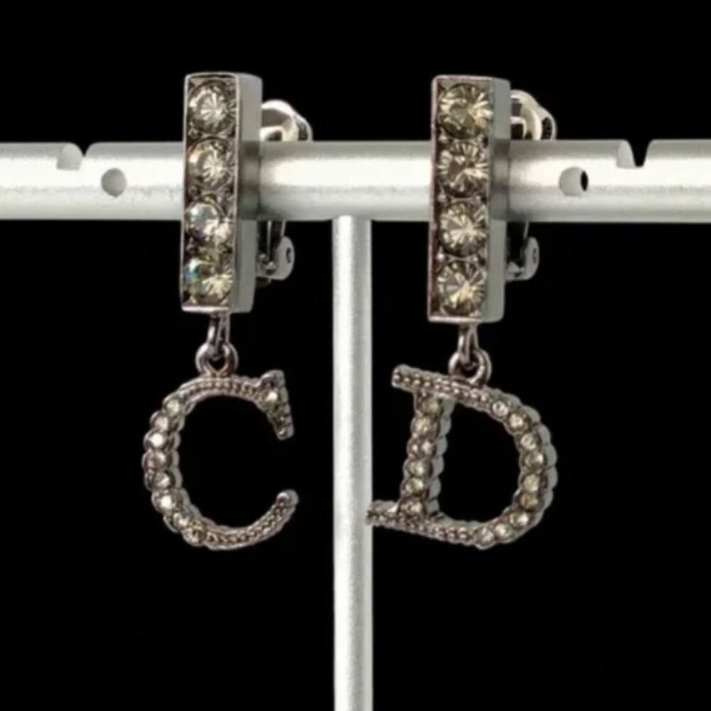 Christian Dior Black Color Rhinestone Logo Swing Earrings